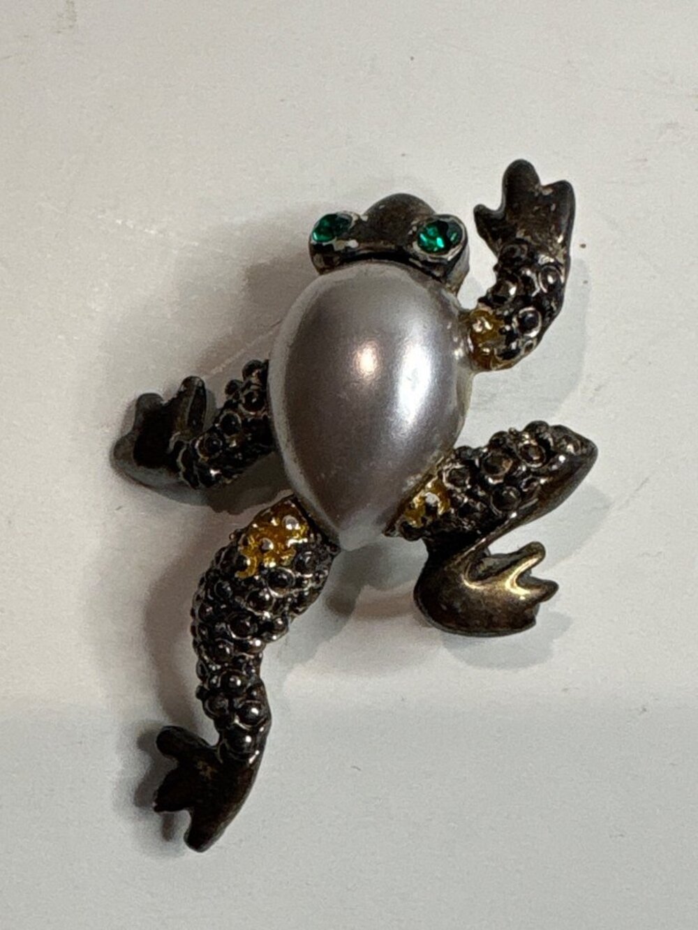 Frog-Shaped Brooch Pin With Green Rhinestone Eyes & Faux Pearl Body 1.5 Inches